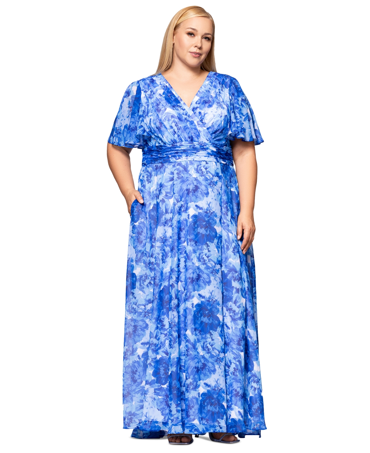 BETSY & ADAM PLUS SIZE V-NECK PRINTED-METALLIC A-LINE GOWN 