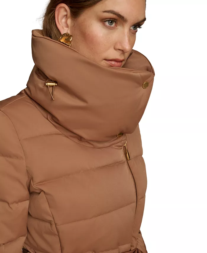 Women's Belted Asymmetric Puffer Coat - thumbnail 4