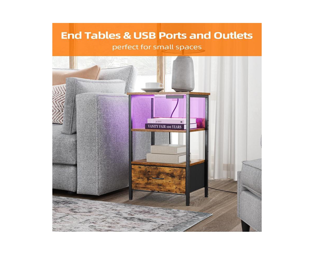 gaomon Nightstand with Charging Station and Dimmable Led Lights,Night Stand with Usb Ports & Outlets, 3-Tier Storage End Table, Bedside Tables for Bed