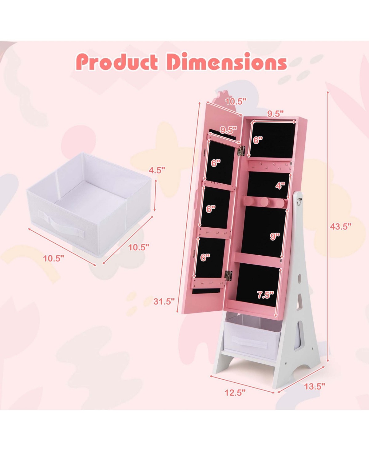 Costway Kids Vanity Set Princess Makeup Dressing Table & Chair with Jewelry Armoire