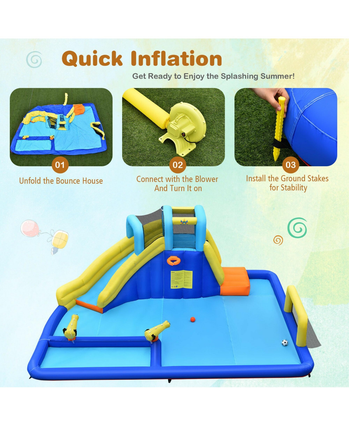 Gymax Inflatable Water Slide Climbing Bounce House Splash Pool w/ 735W Blower - Blue+yellow