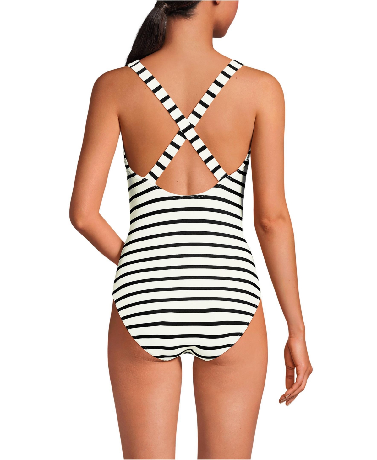 Lands' End Women's Long Torso Tugless X-Back One Piece Swimsuit -black stripe