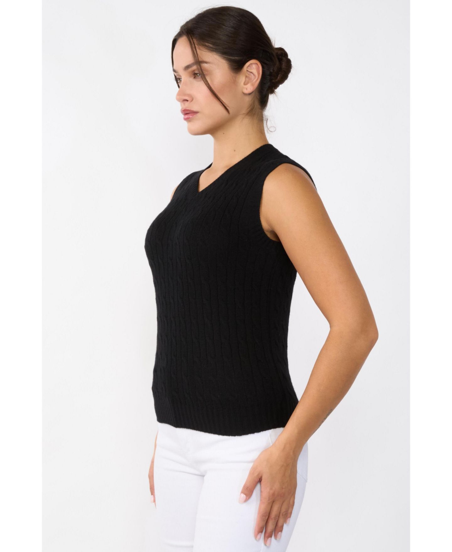 Женский жилет JENNIE LIU 100% Cashmere V Neck Cable-knit Sweater Vest, цвет: Чёрный — фото 2