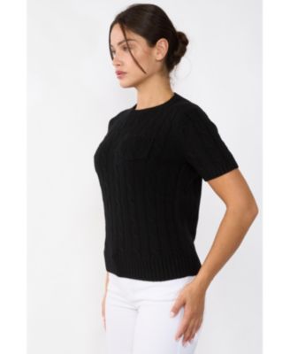 Women's 70% Wool 30% Cashmere Chuncky Cable-knit Crewneck Short Sleeve Sweater
