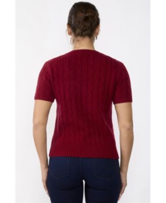 Women's 70% Wool 30% Cashmere Chuncky Cable-knit Crewneck Short Sleeve Sweater