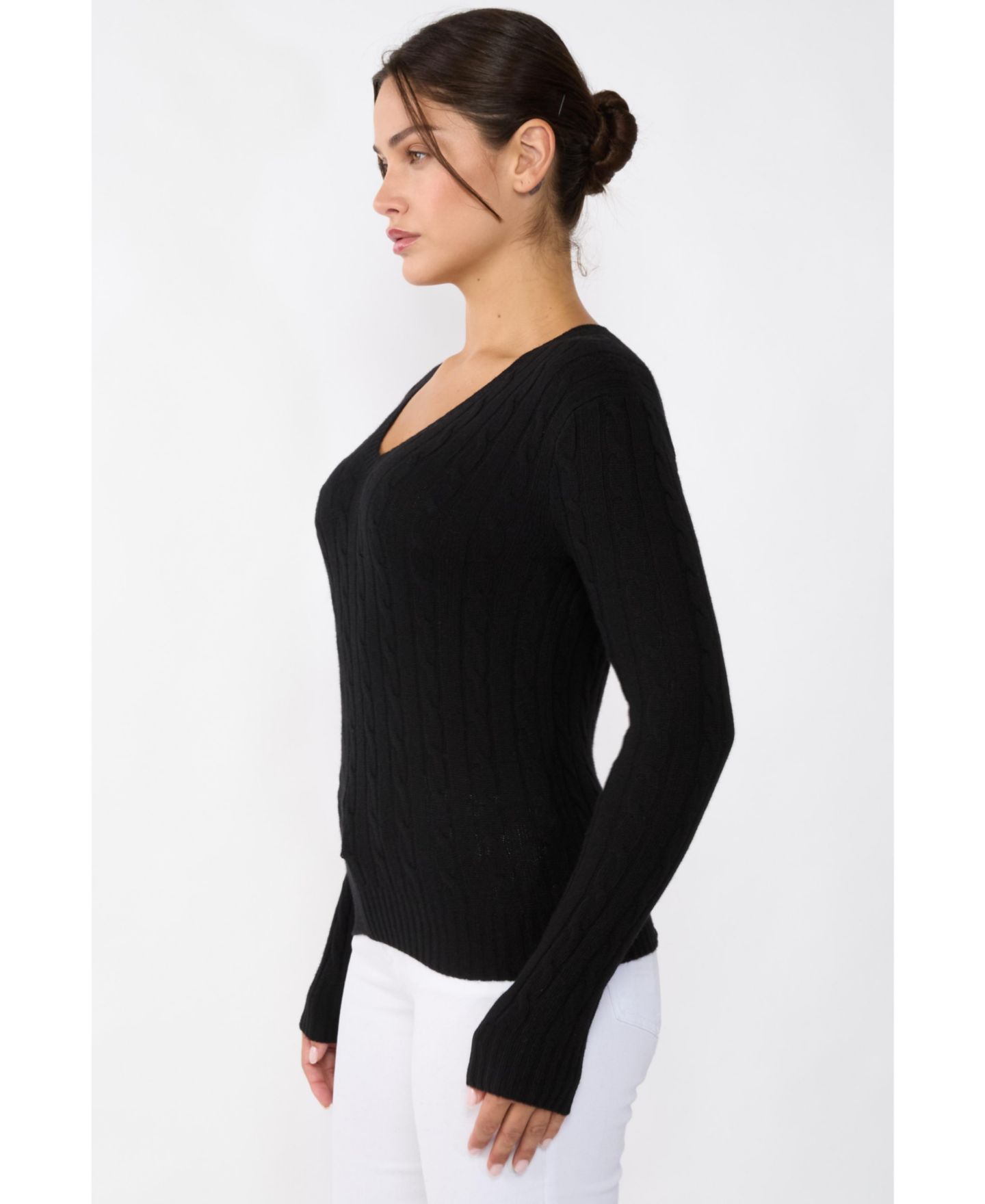 Женский свитер JENNIE LIU 100% Cashmere Cable-knit Long Sleeve Pullover V Neck, цвет: Чёрный — фото 3