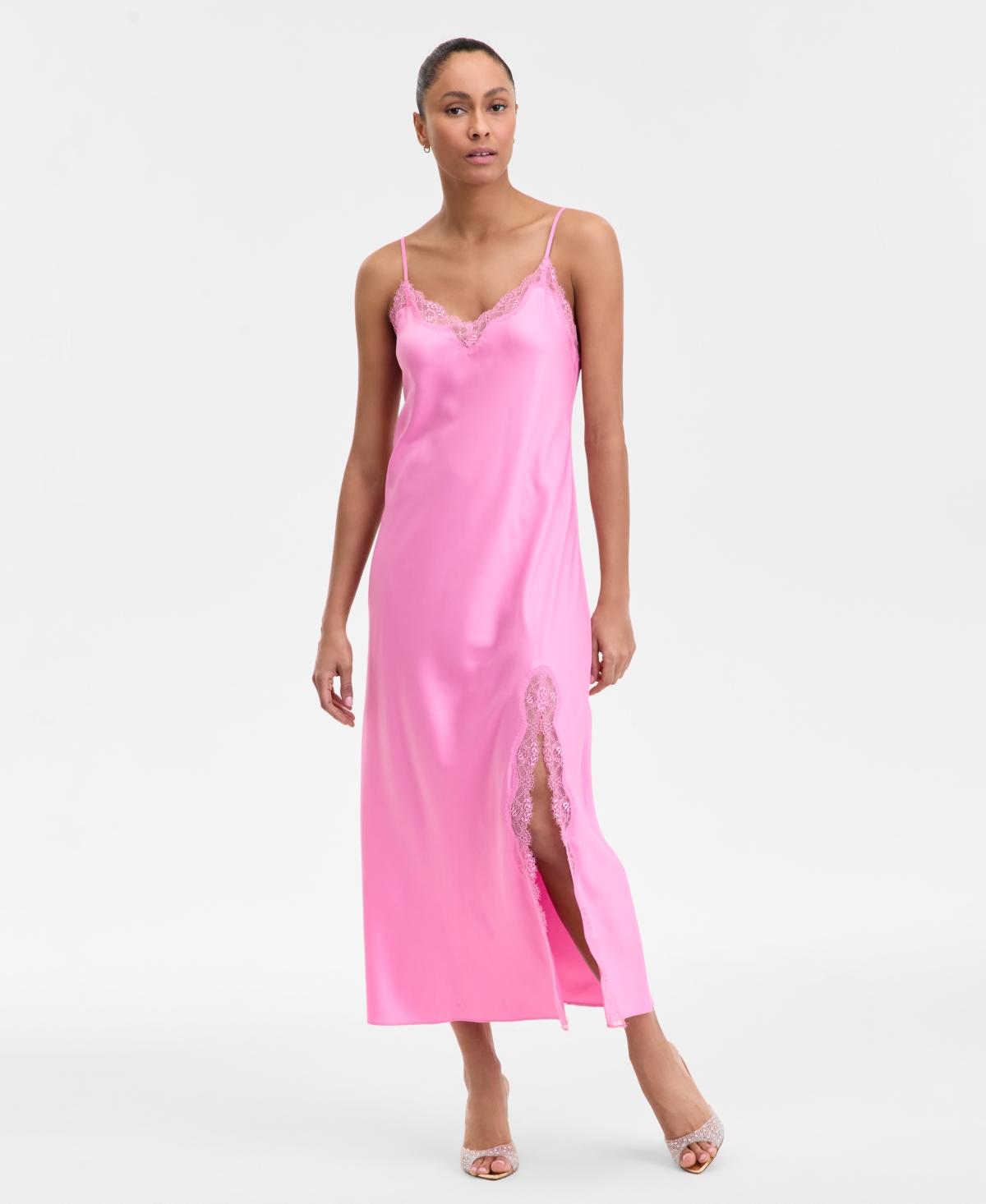 Inc International Concepts Women's Lace-trim Satin Nightgown, Exclusively At Macy's In Juicy Pink