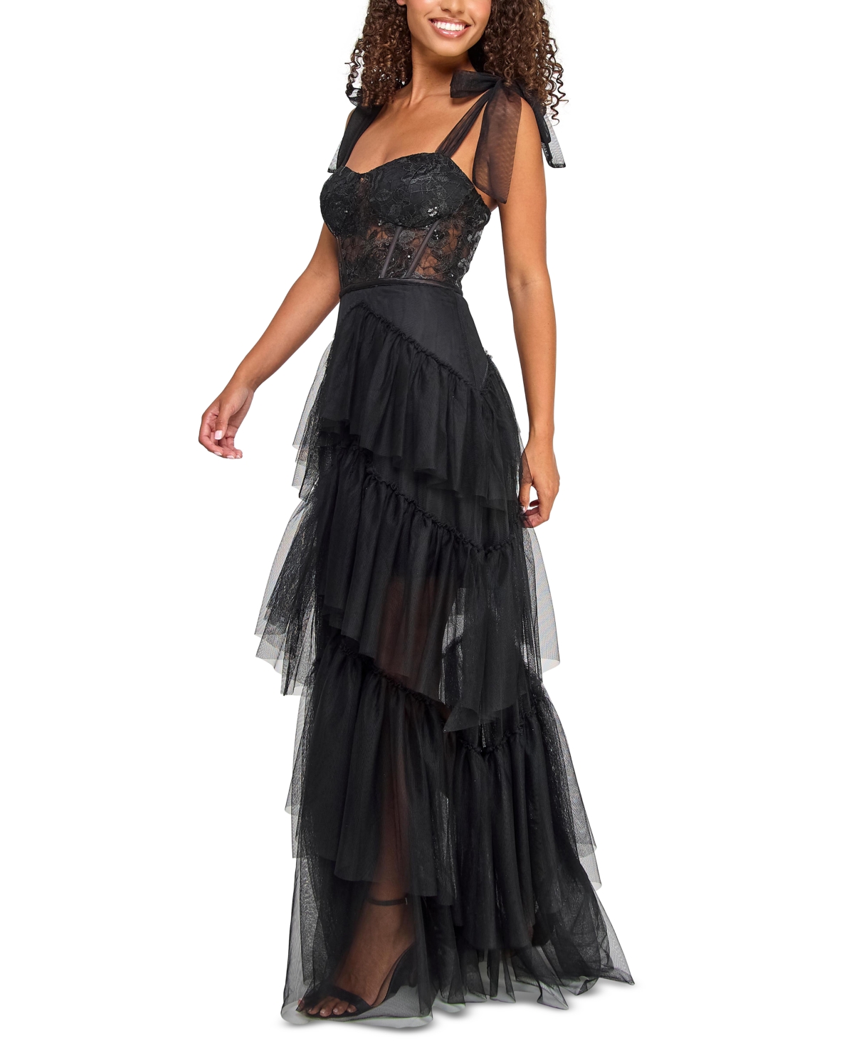 City Studios Juniors' Sequin-corset Tie Shoulder Layered-skirt Gown, Created For Macy's In Black