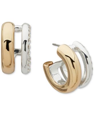 Anne Klein - Two-Tone Crystal Pav&eacute; Polished Small Double Hoop Earrings, 0.83"