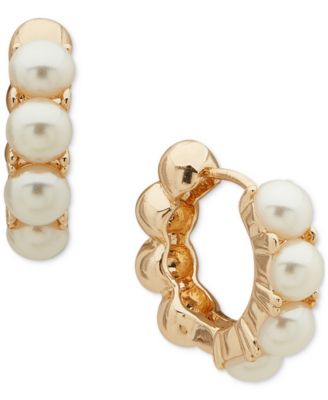Anne Klein - Gold-Tone Imitation Pearl & Polished Bead Small Huggie Hoop Earrings, 0.45"