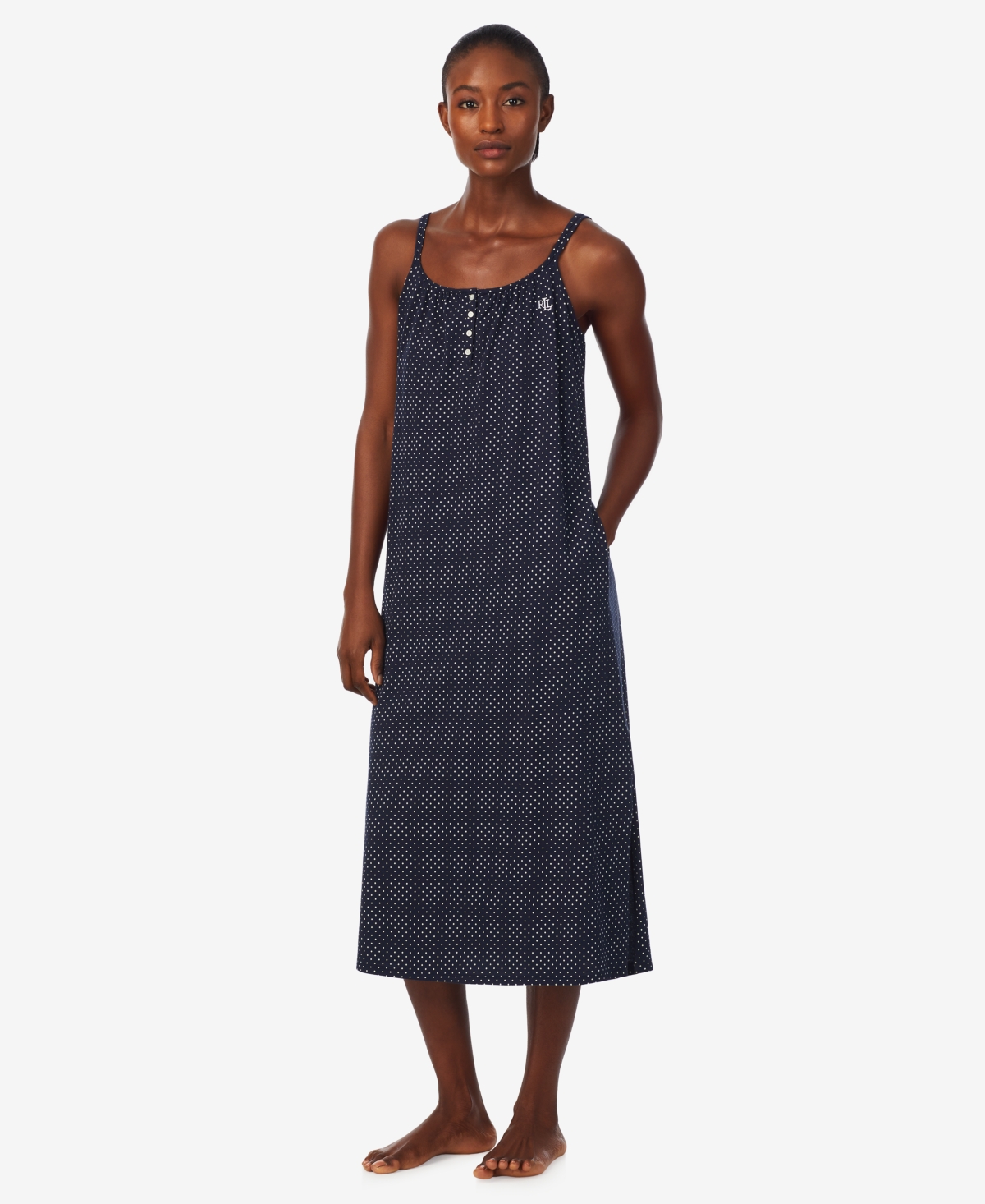 Shop Ralph Lauren Women's Double Strap Button Neck Ballet Gown In Navy Dot