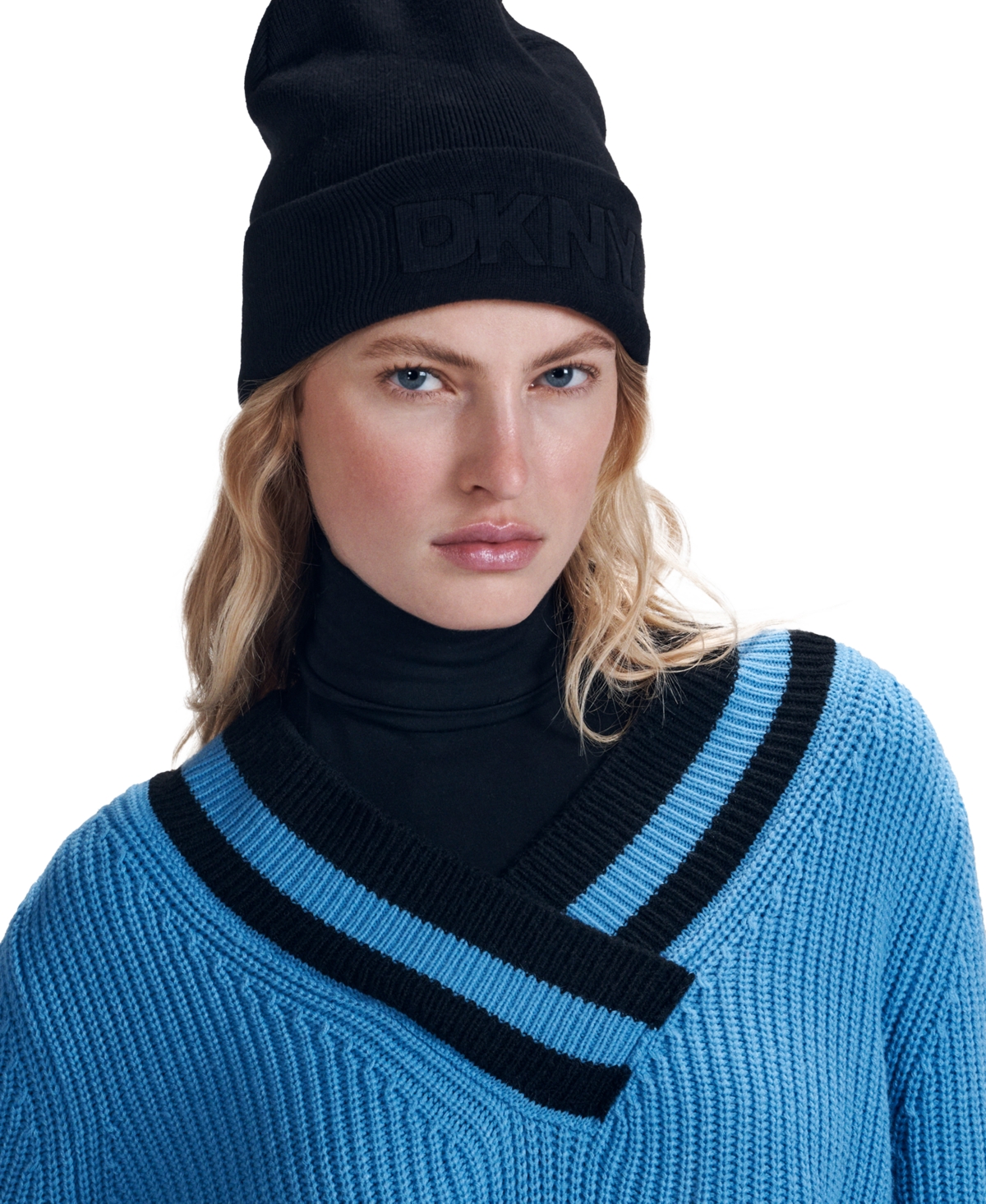 Dkny Jeans Women's Varsity V-Neck Relaxed Sweater - XQL - BL BELL/BK