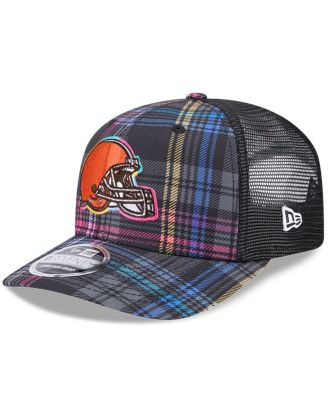 Men's Black Cleveland Browns 2024 NFL Crucial Catch Plaid 9SEVENTY Trucker Snapback Hat