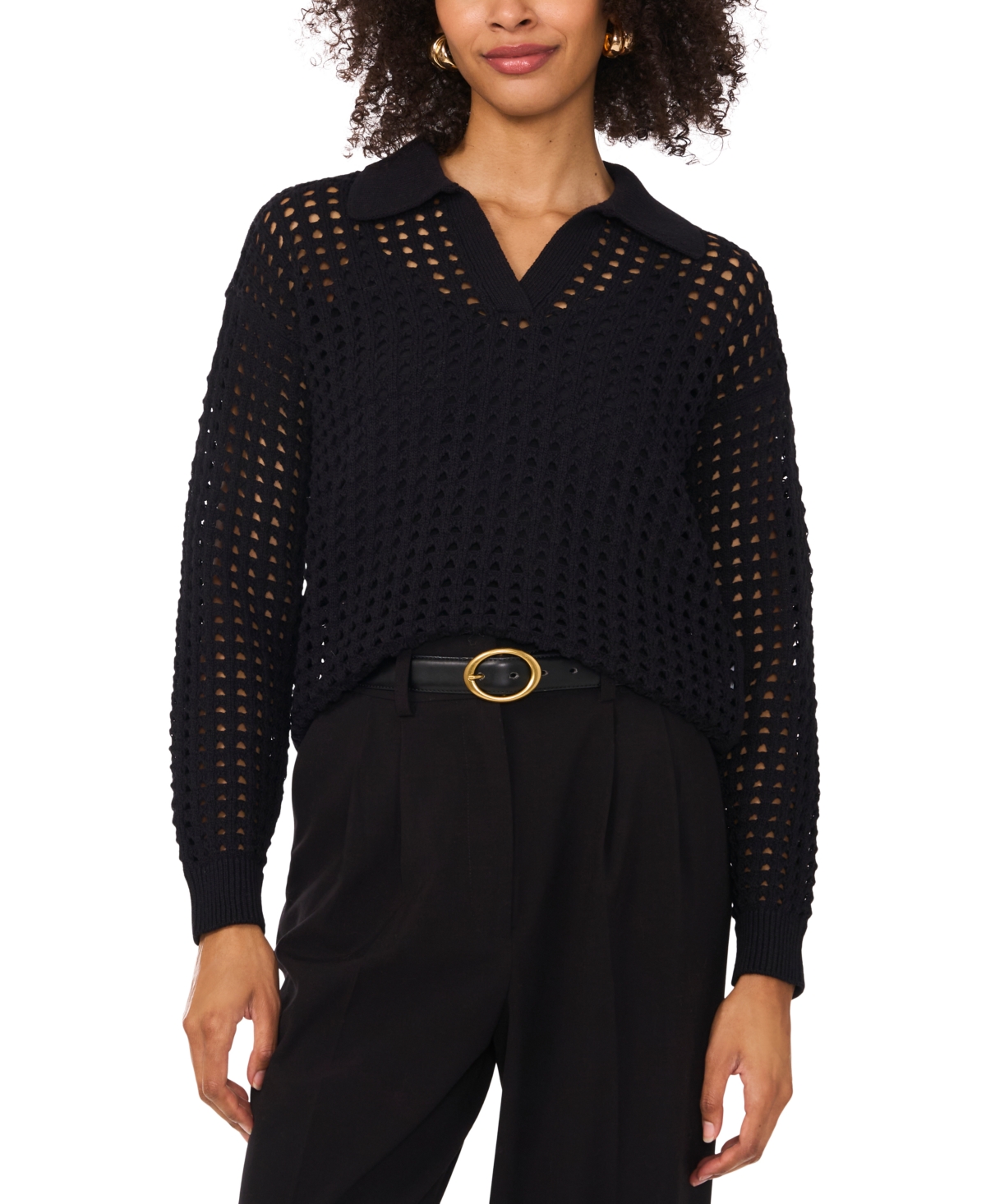 Vince Camuto Johnny Collar Mesh Stitch Sweater In Rich Black