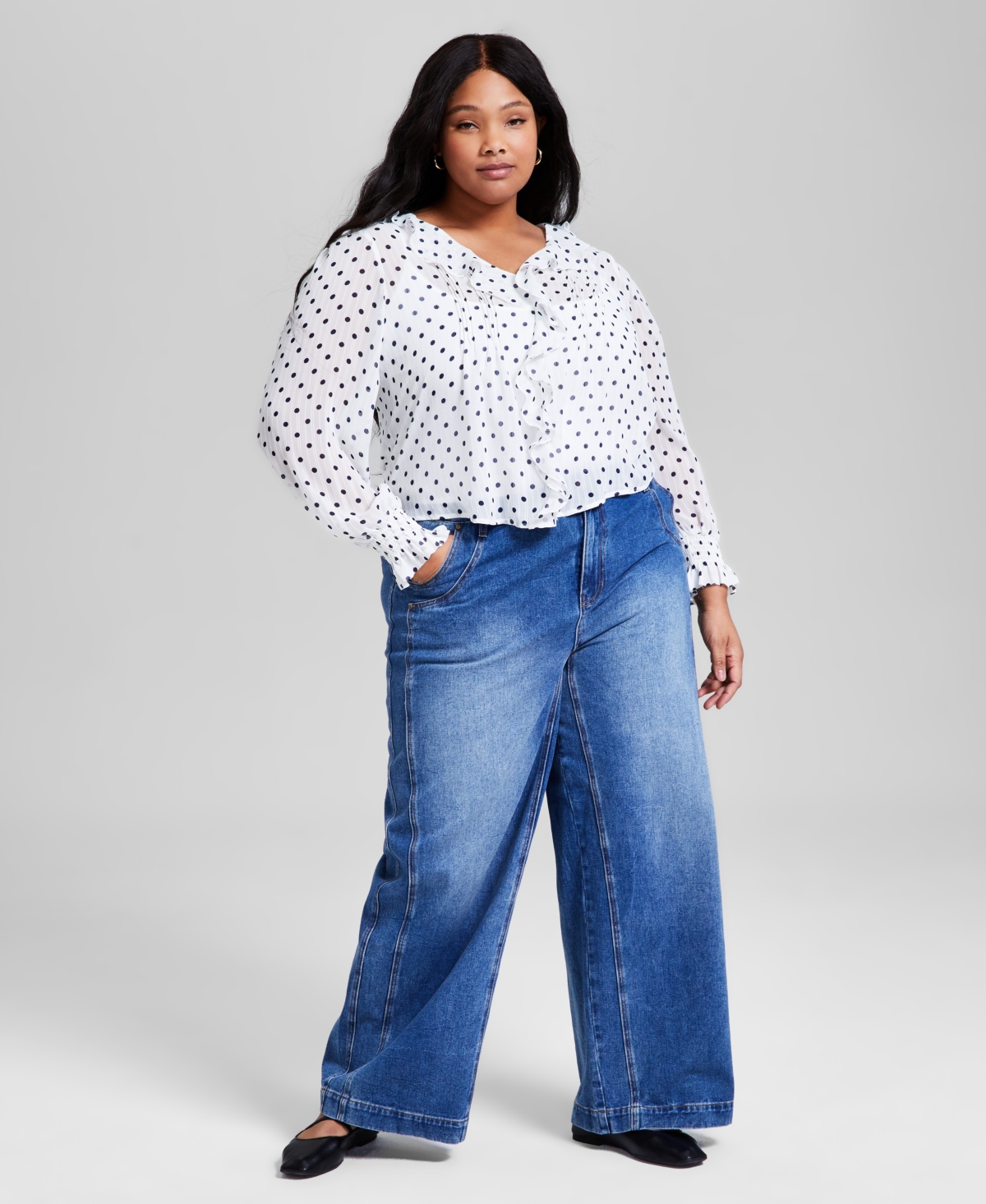 And Now This Plus Size Dot-print Ruffled-front Woven Pintuck Top, Exclusively At Macy's In Bw Polka Dot