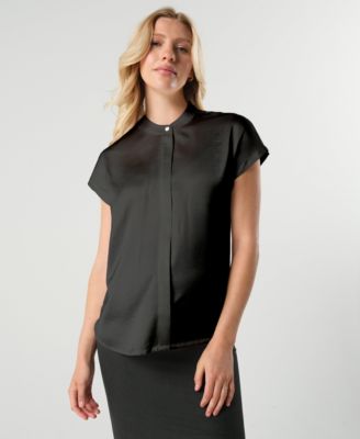 Maternity Short Sleeve Satin Shell Top with Concealed Nursing Zip