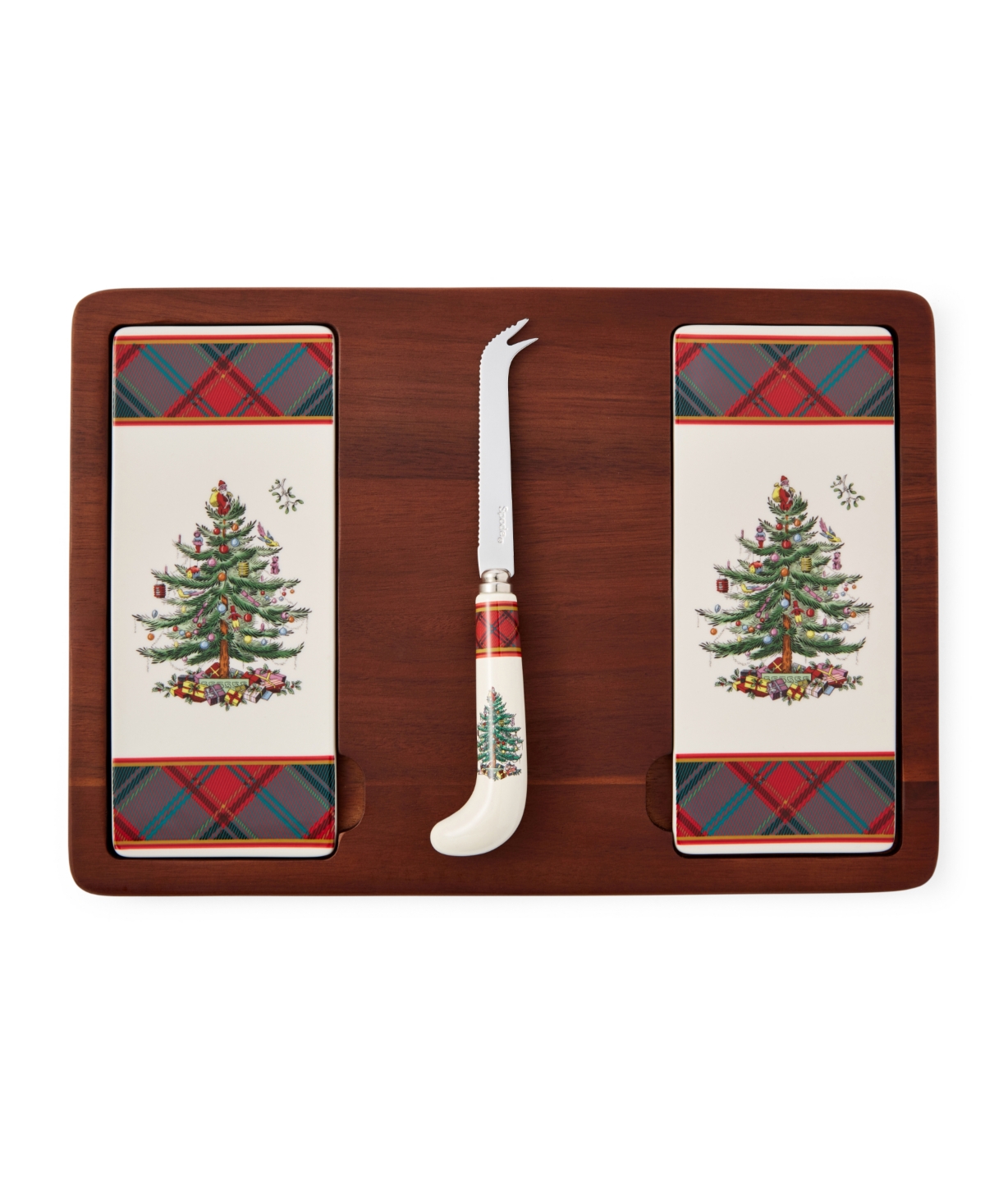 SPODE CHRISTMAS TREE TARTAN CHEESE BOARD KNIFE SET 
