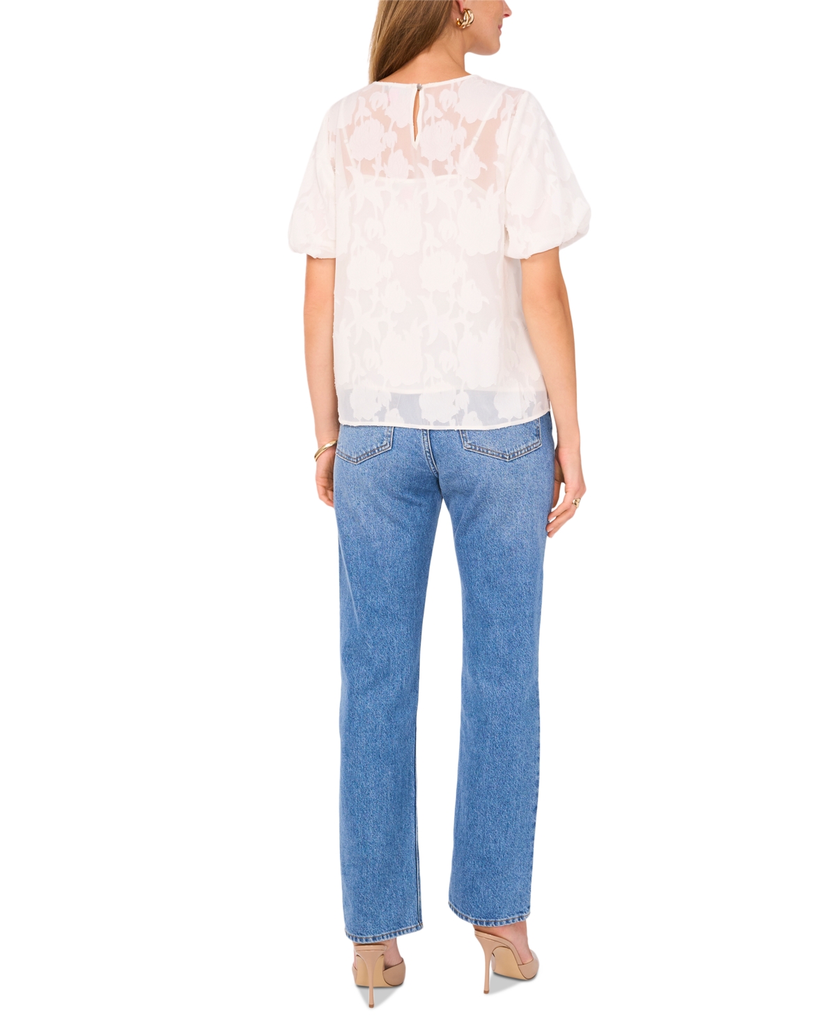 VINCE CAMUTO WOMEN'S FLORAL-JACQUARD PUFF-SLEEVE TOP 