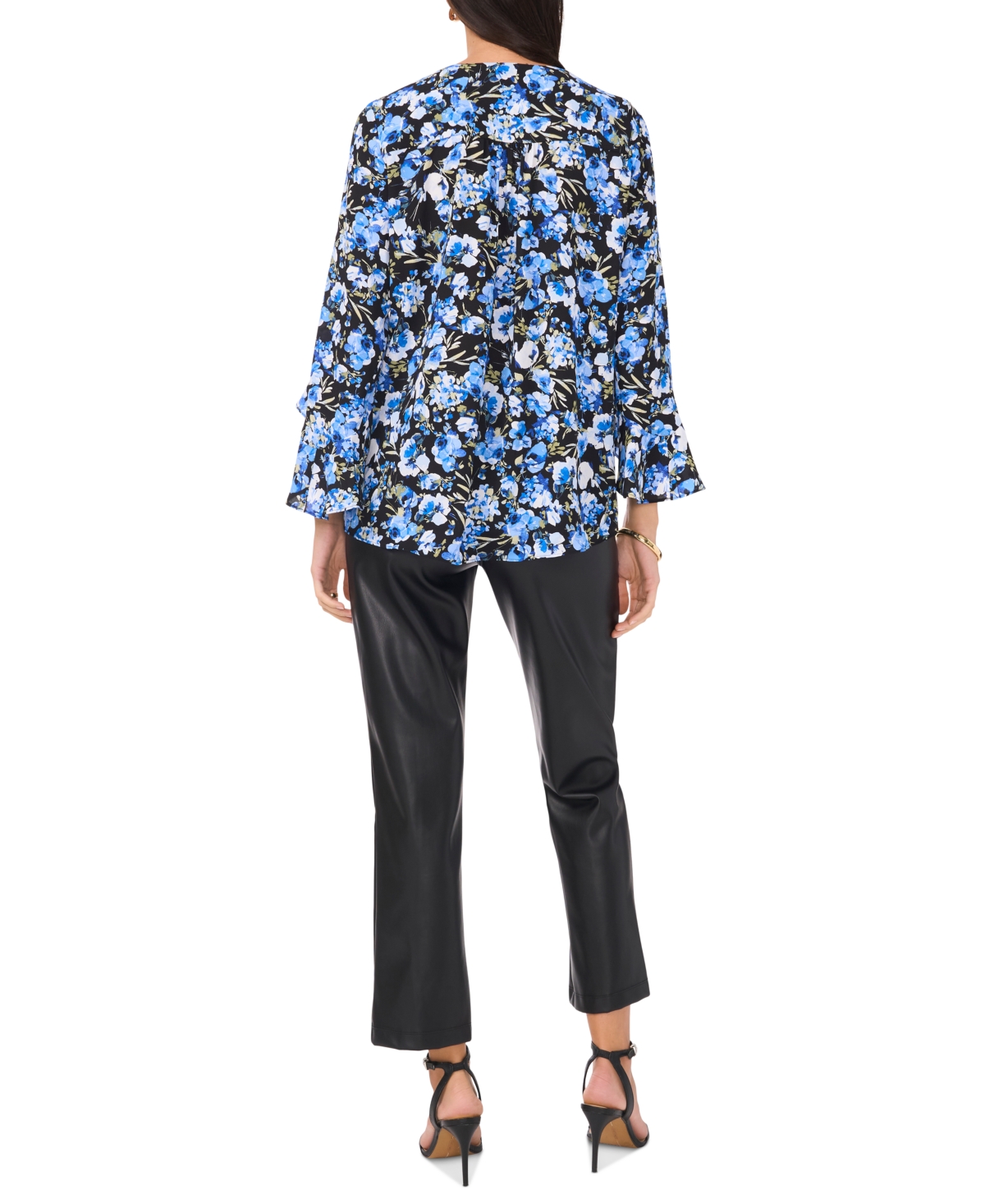 VINCE CAMUTO WOMEN'S FLORAL V-NECK 3/4-FLUTTER-SLEEVE BLOUSE 