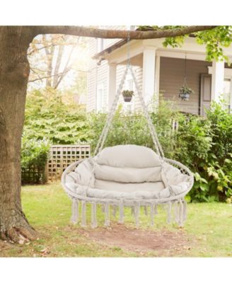 Hand-Woven Rope Hanging Chair with Thick Cushion and Folding Metal Frame