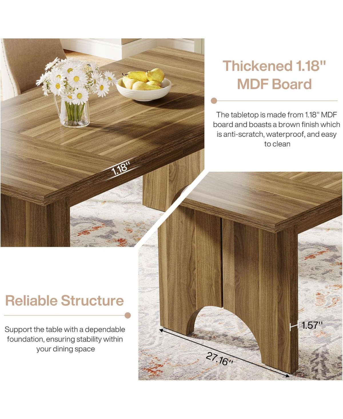 Tribesigns 63-Inch Dining Table for 6 People, Farmhouse Wood Kitchen Table with Double Pedestals, Rectangle Dinner Table for Kitchen, Dining Roo