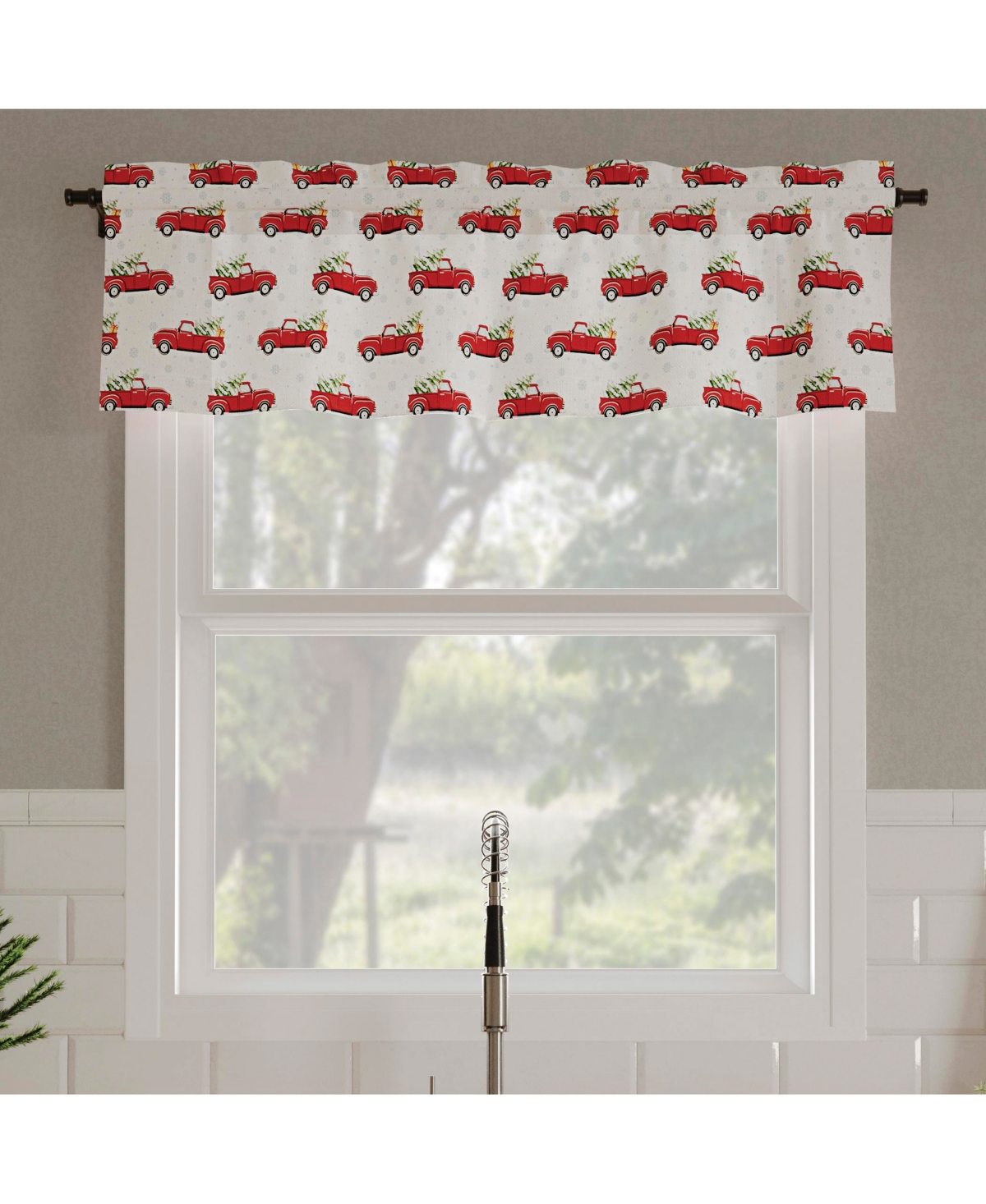 Christmas Pickup Truck Semi-Sheer Rod Pocket Kitchen Curtain Valance - Holiday red