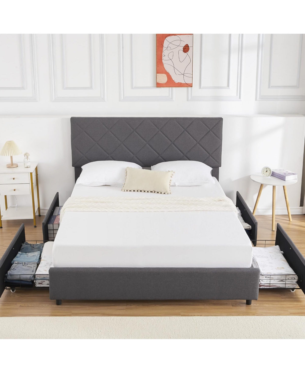 gaomon Size Platform Bed Frame with Adjustable Headboard and 4 Storage Drawers