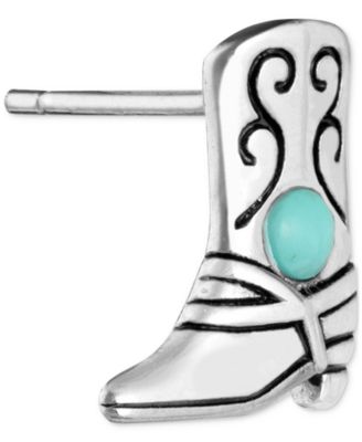 Simulated Turquoise Etched Cowboy Boot Stud Earrings in Sterling Silver