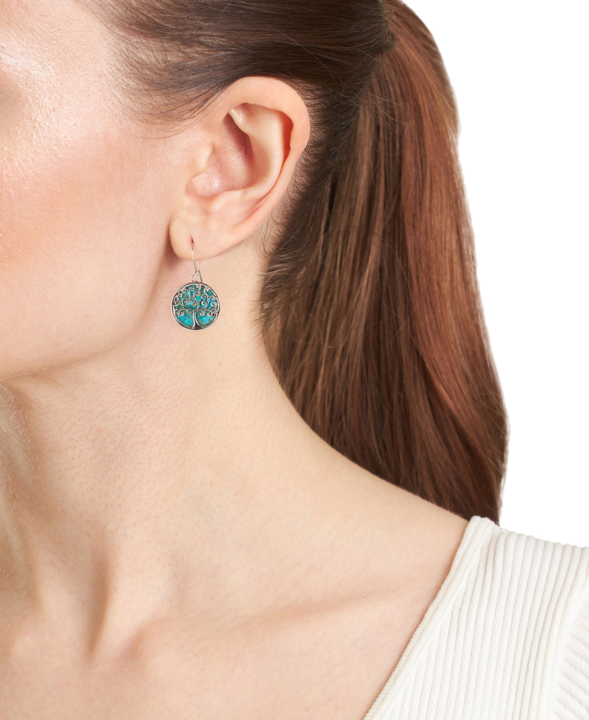 Turquoise Inlay Polished Tree Disc Drop Earrings in Sterling Silver