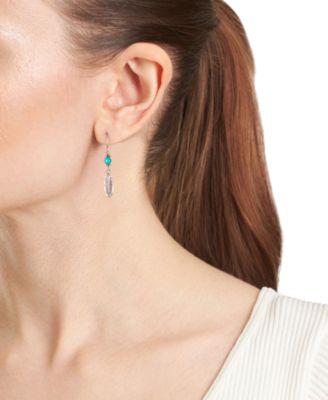 Simulated Turquoise (13mm) & Leaf Linear Drop Earrings in Sterling Silver