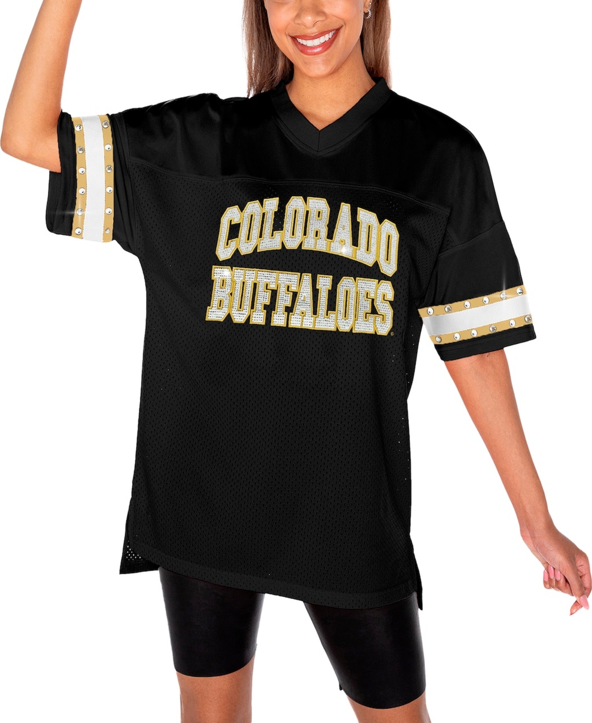 Women's Black Colorado Buffaloes Until Kickoff Rhinestone Fashion T-Shirt - Black, Gold