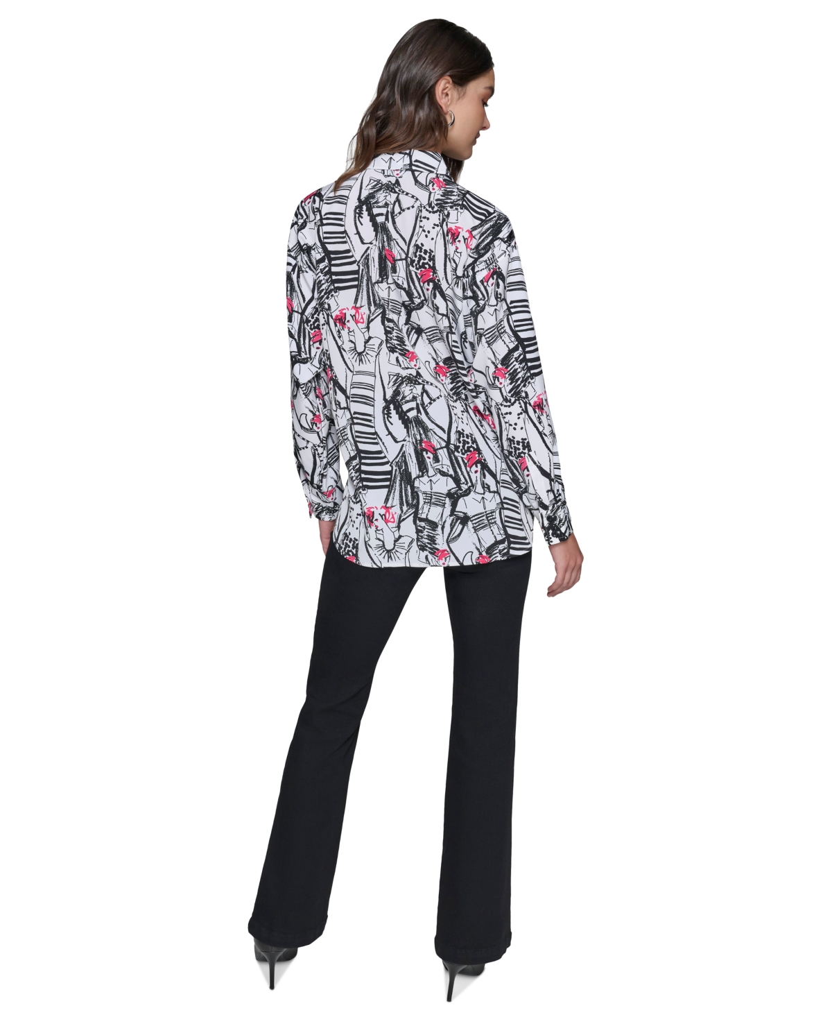 Karl Lagerfeld Paris Women's Printed Oversized Button-Front Top - Soft White  Teaberry