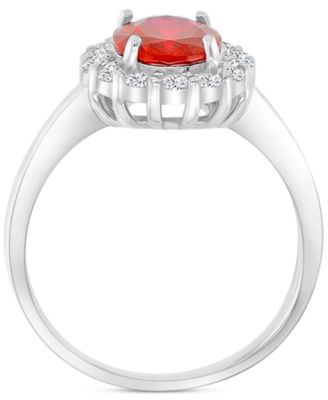Red & White Cubic Zirconia Oval Halo Ring in Sterling Silver