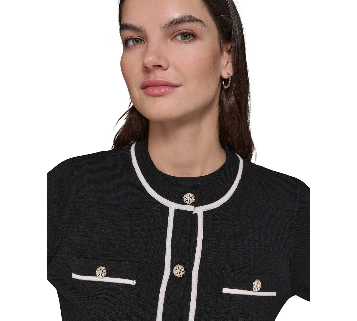 Karl Lagerfeld Petite Embellished-button Tipped Cardigan Sweater In Black