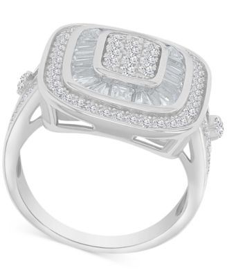 Cubic Zirconia Round & Baguette Halo Cluster Statement Ring in Sterling Silver