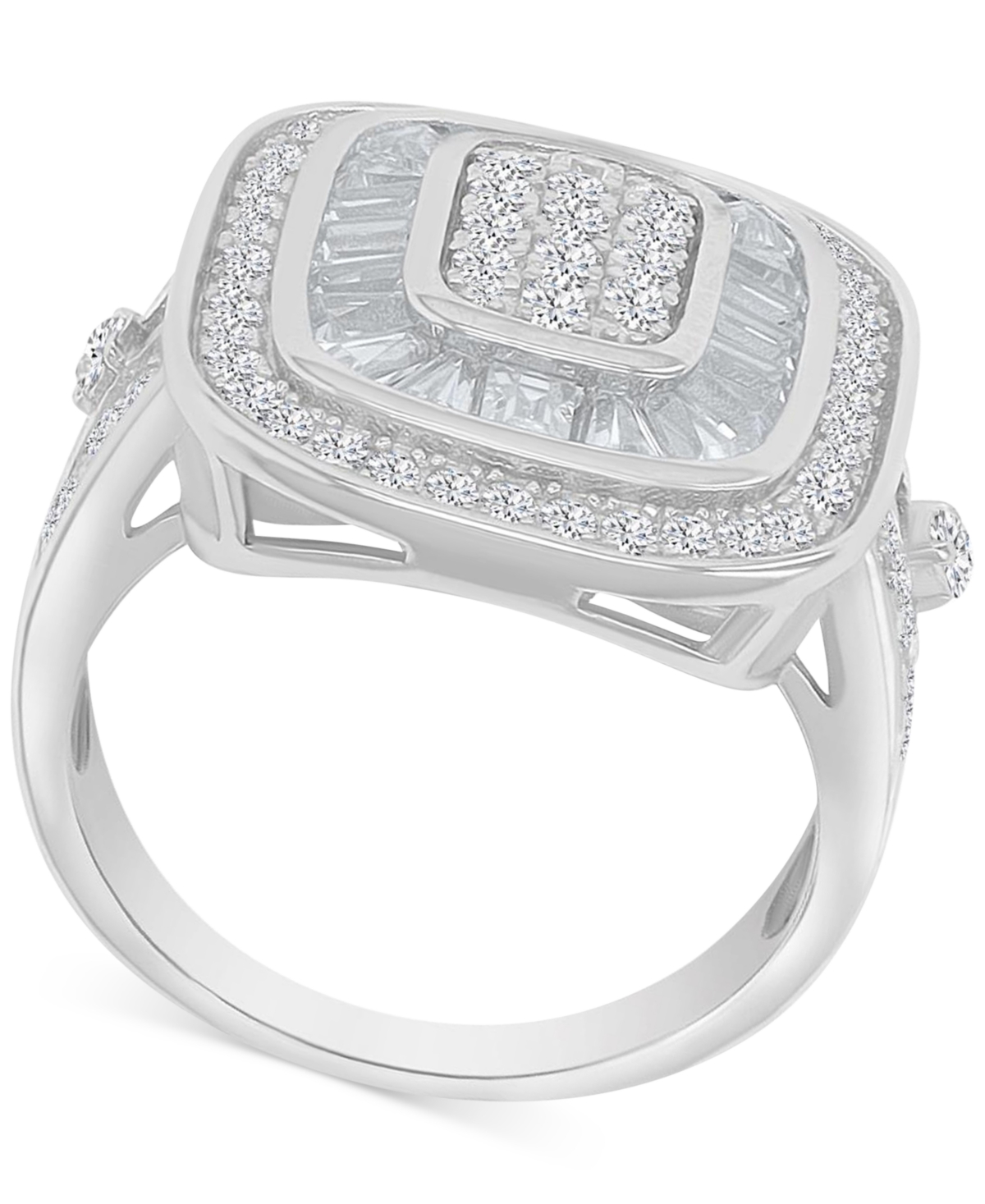 Cubic Zirconia Round & Baguette Halo Cluster Statement Ring in Sterling- Silver