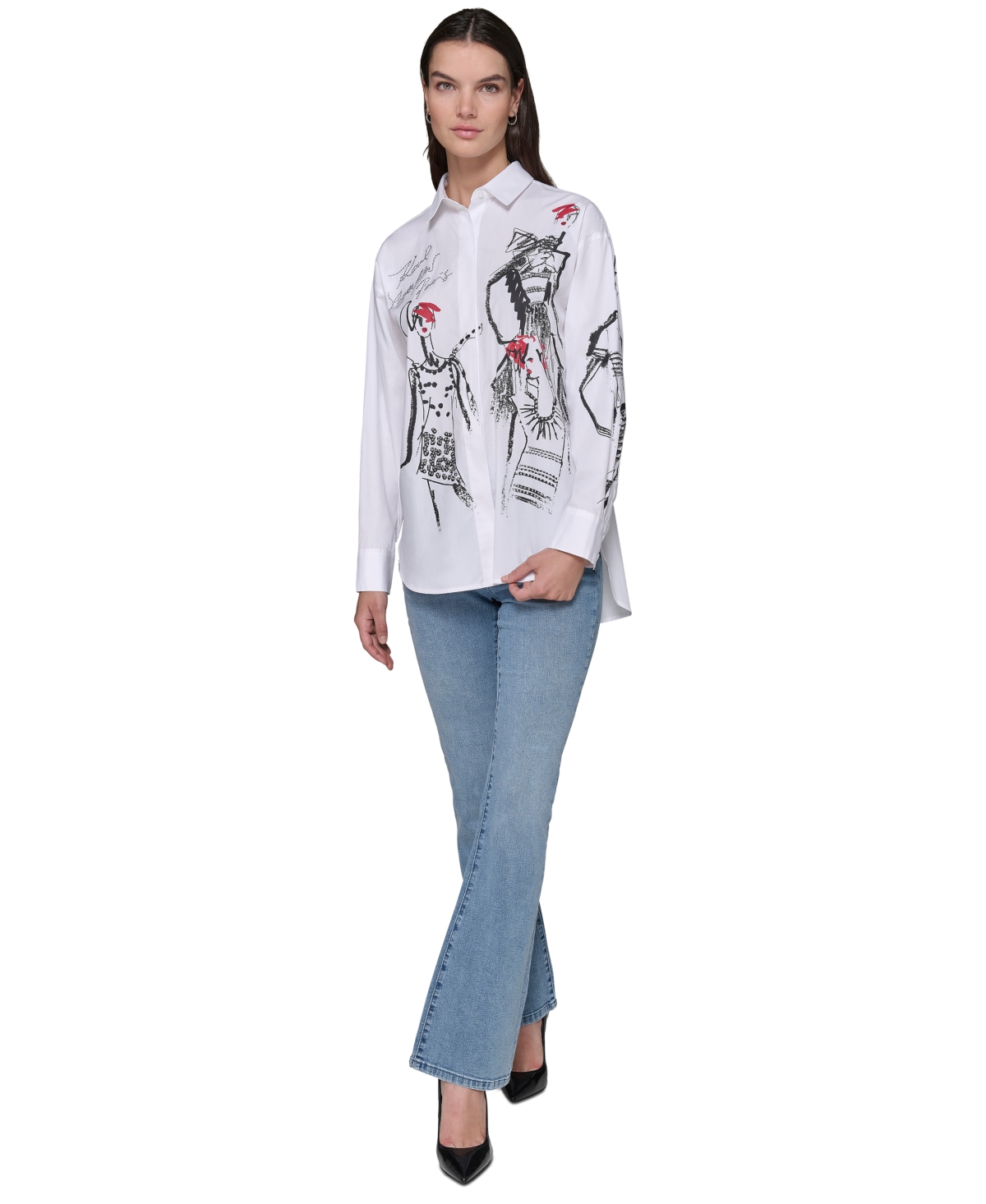 KARL LAGERFELD WOMEN'S COTTON POPLIN SKETCH GIRL BUTTON-FRONT TOP 