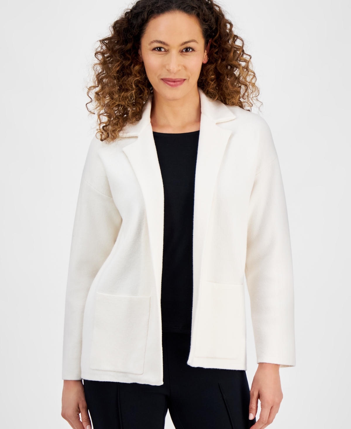 Shop Ak Anne Klein Petite Open-front Long-sleeve Blazer Cardigan In Anne White