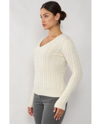 Women's 100% Cashmere V-Neck Sweater | Chuncky Cashmere Cable-knit Sweaters