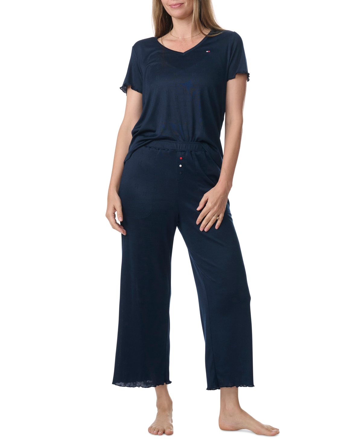 Tommy Hilfiger Women's 2-pc. Short-sleeve T-shirt & Wide-leg Cropped Pants Pajama Set In Sky Captain Pointelle