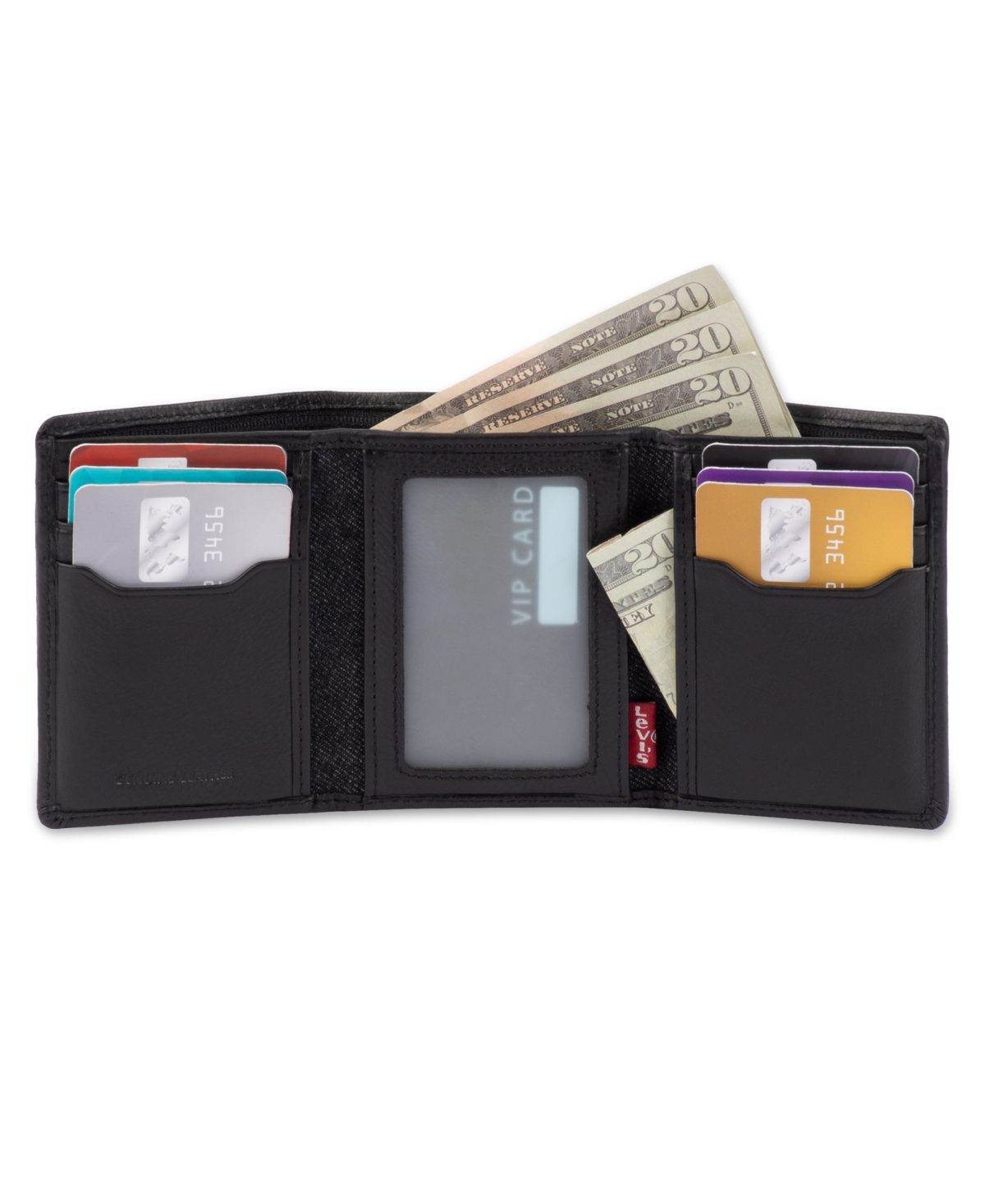 Levi's Men's Rfid Genuine Leather Trifold Wallet With Hidden Zipper Pocket In Black