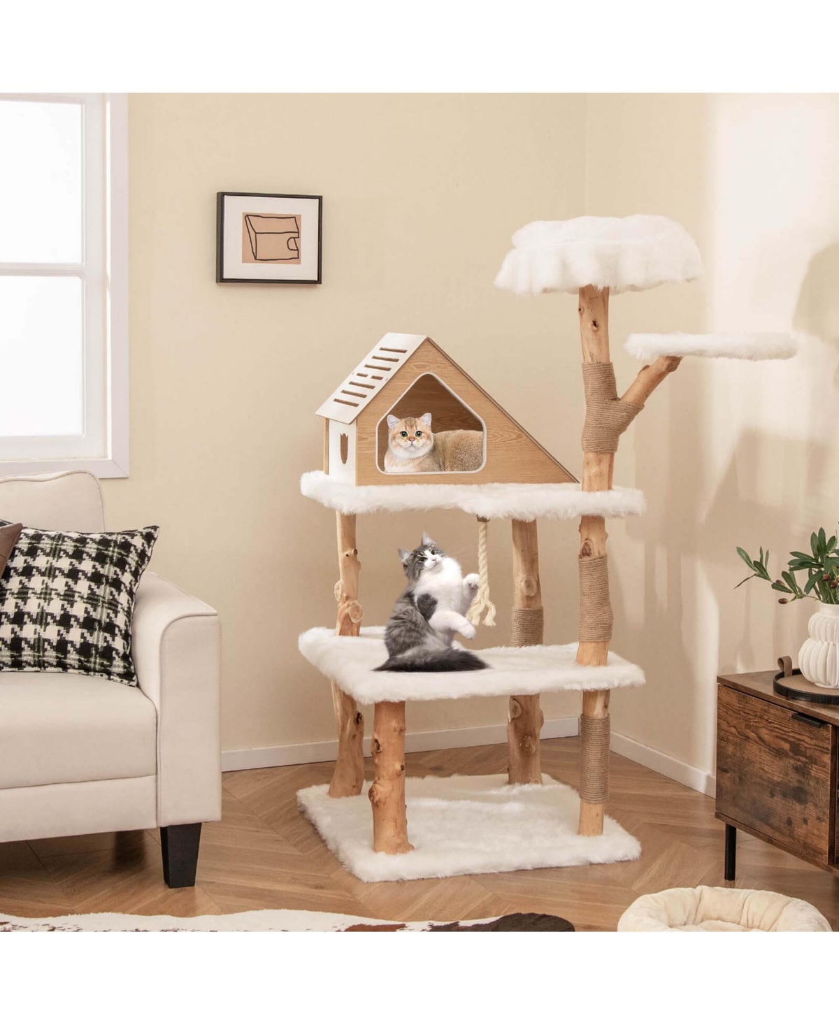 Costway Tall Solid Wood Cat Tree with 2 Perches Condo Jute Scratching Posts Sisal Rope