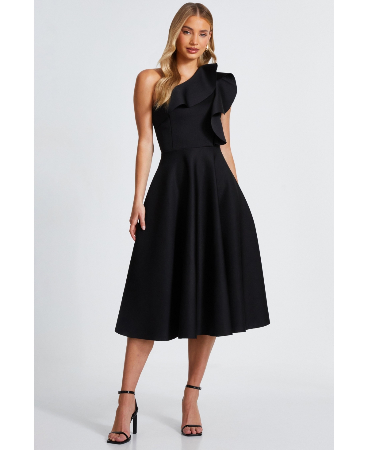 Women's One Shoulder Frill Detail Skater Dress - Black