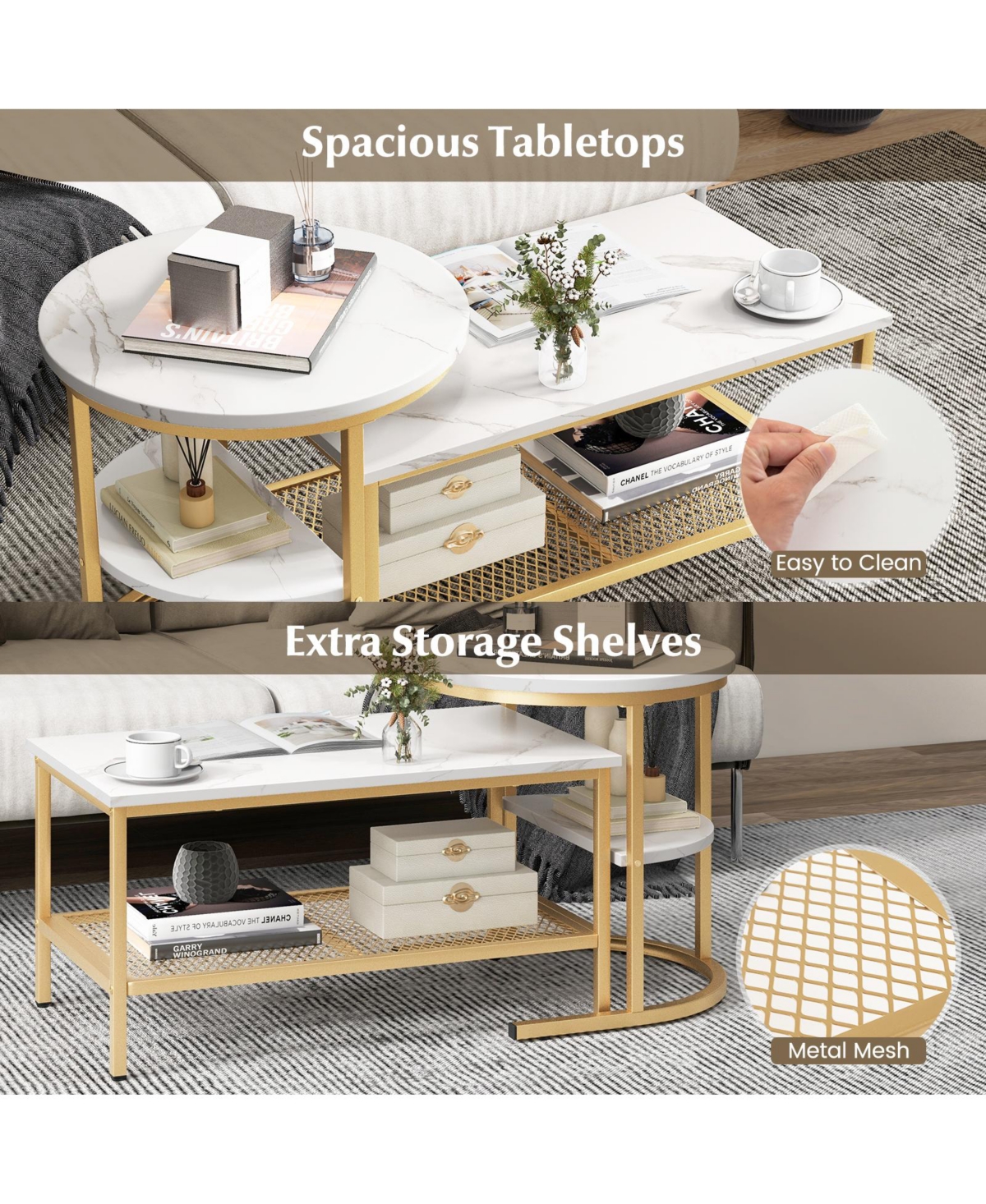 Gouun Set of 2 Nesting Table with Extra Storage Shelf for Living Room