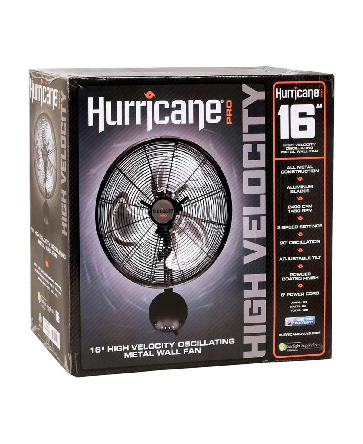 Hurricane 16 Inch Pro High Velocity Oscillating Metal Wall Mount Fan,- Black