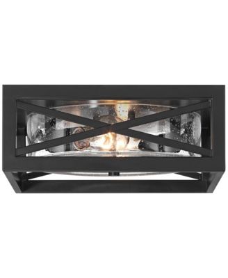 Drake 12" Modern Industrial Flush-Mount Ceiling Light Fixture Kitchen Foyer Hallway Round 2-Light Black Clear Seeded Glass Metal Bedroom Bathroom Entryway Living Room Indoor Mini