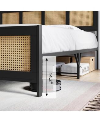 King Size Rattan Bed Frame with Headboard, Black Boho Cane Platform Bed Frame with Strong Metal Slat, Noise Free, No Box Spring Needed