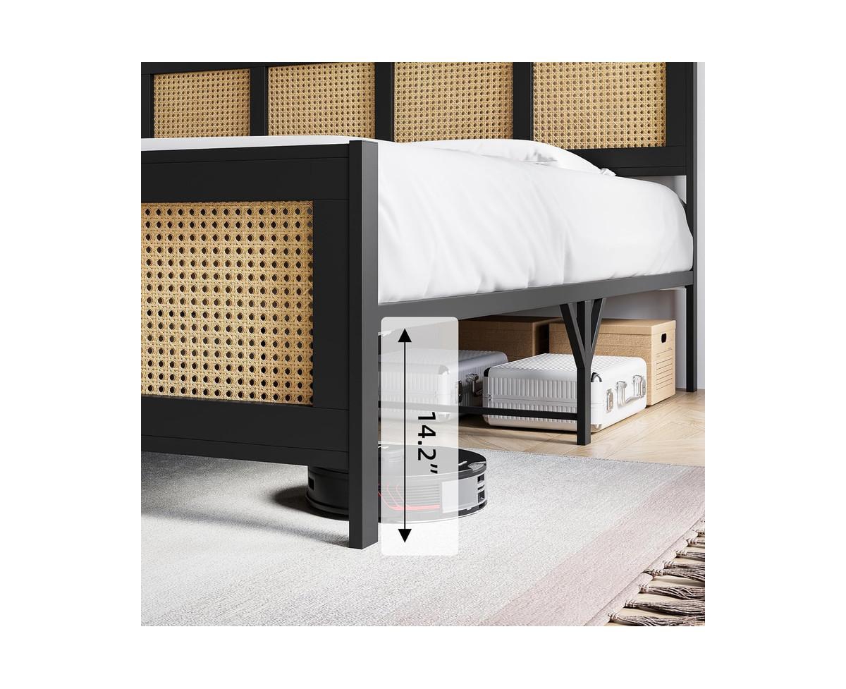gaomon Size Rattan Bed Frame with Headboard,Boho Cane Platform Bed Frame with Strong Metal Slat, Noise Free, No Box Spring Needed - Black