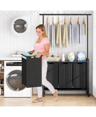 Laundry Sorter 3 Section Laundry Hamper Sorter with Clothes Hanging Rod and Wooden Storage Shelf 3 X 13gal Laundry Basket