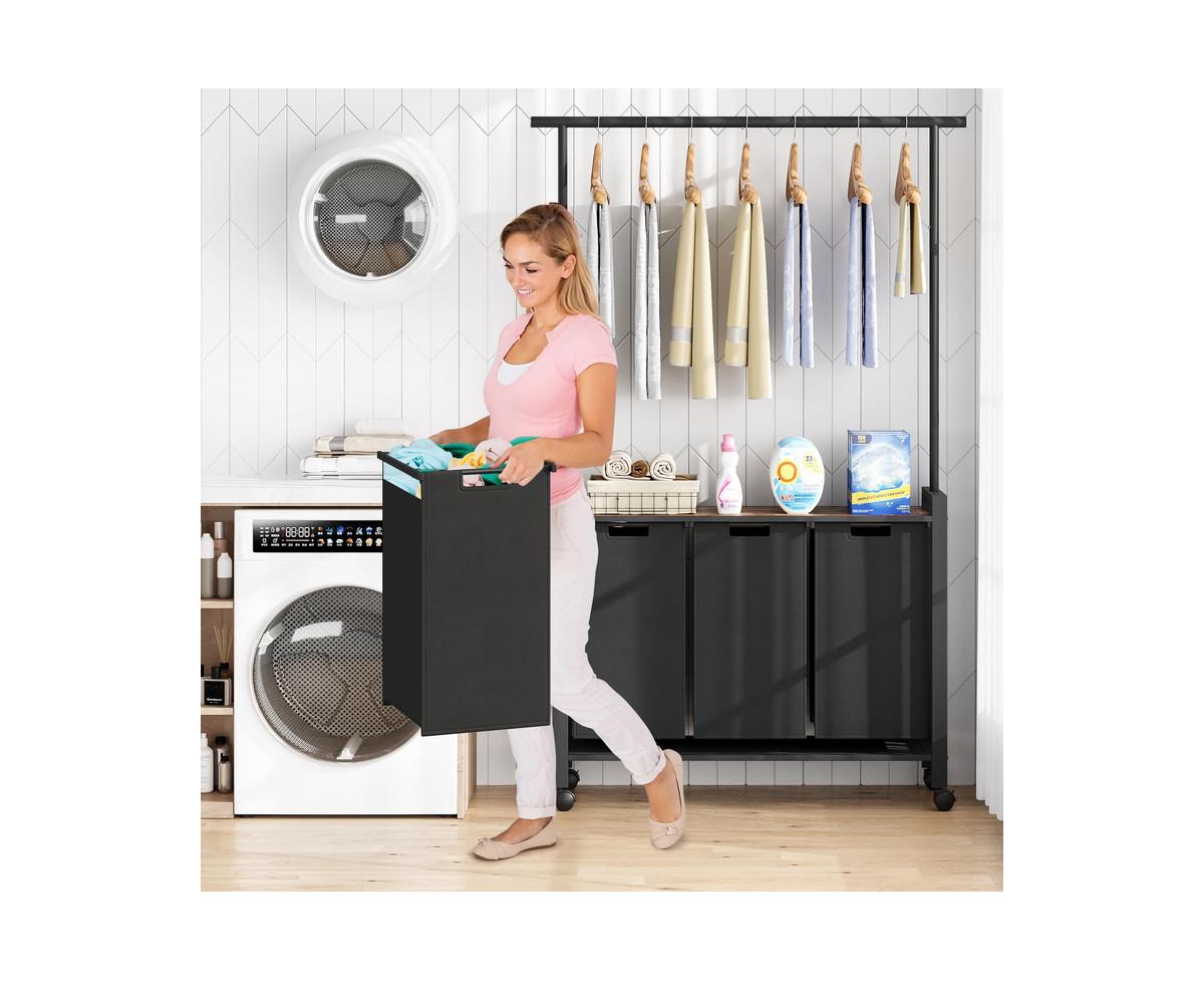 gaomon Laundry Sorter 3 Section Laundry Hamper Sorter with Clothes Hanging Rod and Wooden Storage Shelf 3 X 13gal Laundry Basket Organizer for Laundry